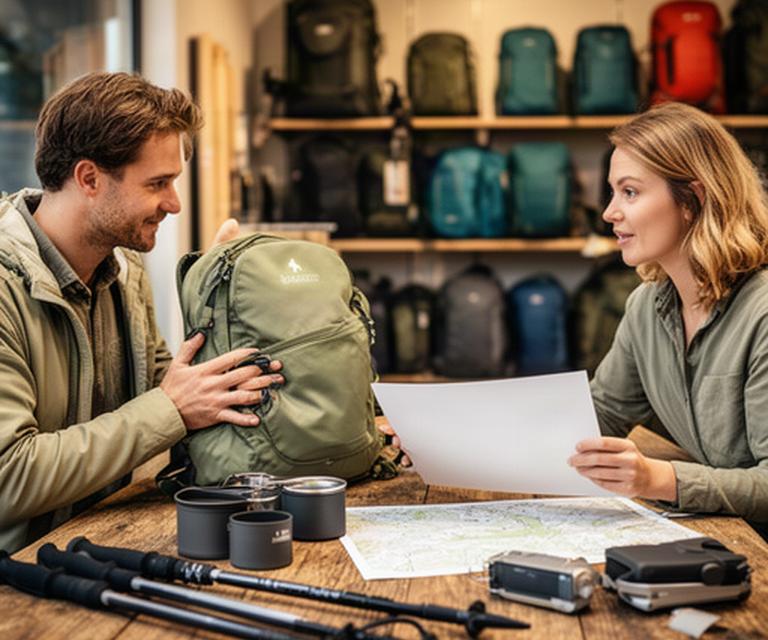 Beratung zu Trekkingausrüstung an einem Holztisch im Fachgeschäft