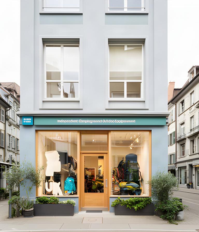 Fassade eines freundlichen Camping-Fachgeschäfts an der Tödistrasse in Basel