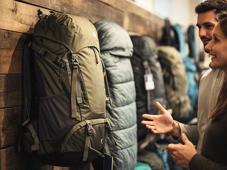 Beratung zu Rucksack und Schlafsack an einer Holzwand mit Campingausrüstung