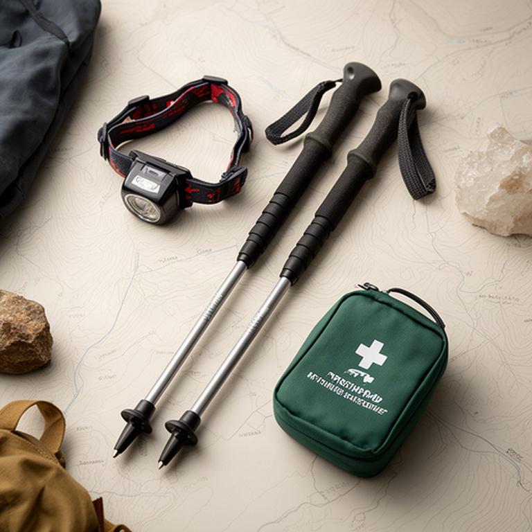 Stirnlampe, Trekkingstöcke und Erste-Hilfe-Set auf einer Wanderkarte