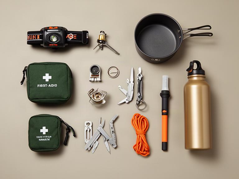Sortierte Outdoor-Ausrüstung mit Stirnlampe, Kochgeschirr und Erste-Hilfe-Tasche