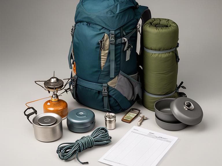 Sorgfältig gepackte Campingausrüstung mit Kocher, Schlafsack und Rucksack für eine Beratung