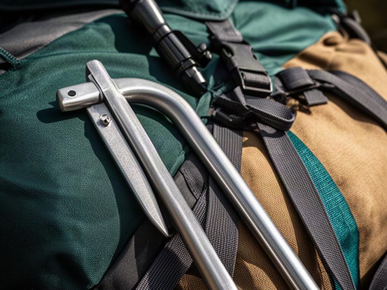 Detailaufnahme eines hochwertigen Zeltherings neben einer gepackten Trekkingausrüstung
