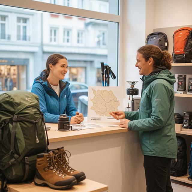 Outdoor-Beratung am Ladentisch mit Karte der Region Basel und Alpenausrüstung
