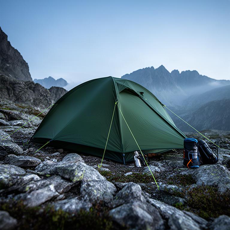 Grünes Trekkingzelt auf felsigem Bergplatz bei ruhigem Morgenlicht