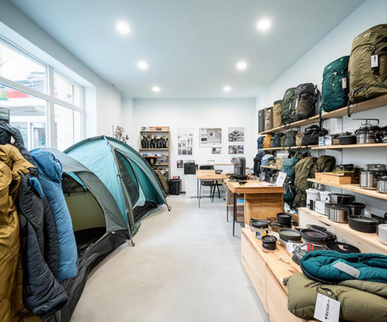 Innenraum eines Campingladens mit ordentlich präsentierten Zelten, Schlafsäcken und Kochgeschirr