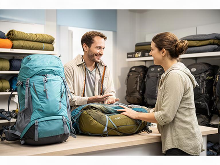 Beratung zu Rucksack und Zelt an einer Verkaufstheke für Outdoor-Ausrüstung