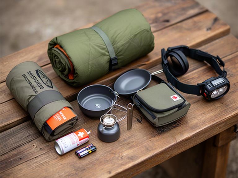 Offene Campingausrüstung mit Zelt, Schlafsack und Kochset auf einer Holzbank