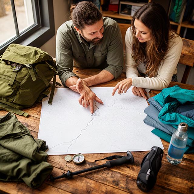 Berater und Kundin besprechen eine Wanderkarte an einem Holztisch mit Outdoor-Ausrüstung