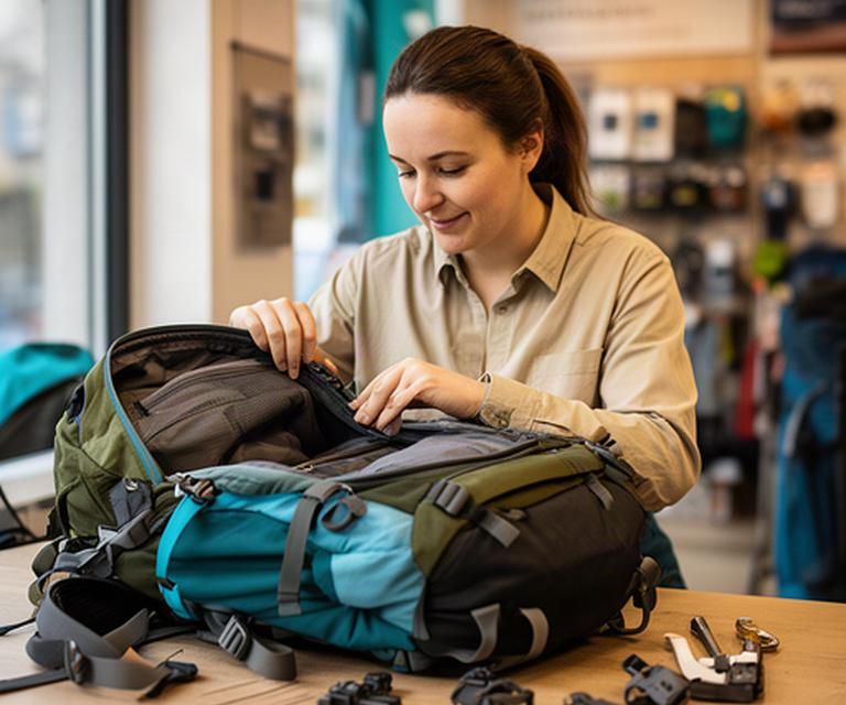 Mitarbeiterin prüft einen geöffneten Trekkingrucksack auf einem Beratungstisch in Basel