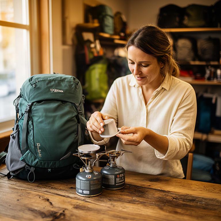 Beraterin prüft Kochausrüstung und Rucksack an einem Holztisch im Outdoor-Laden