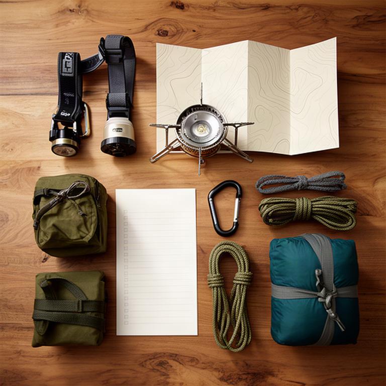 Geordnete Campingausrüstung mit Stirnlampe, Kocher und Karte neben einer handschriftlichen Packliste