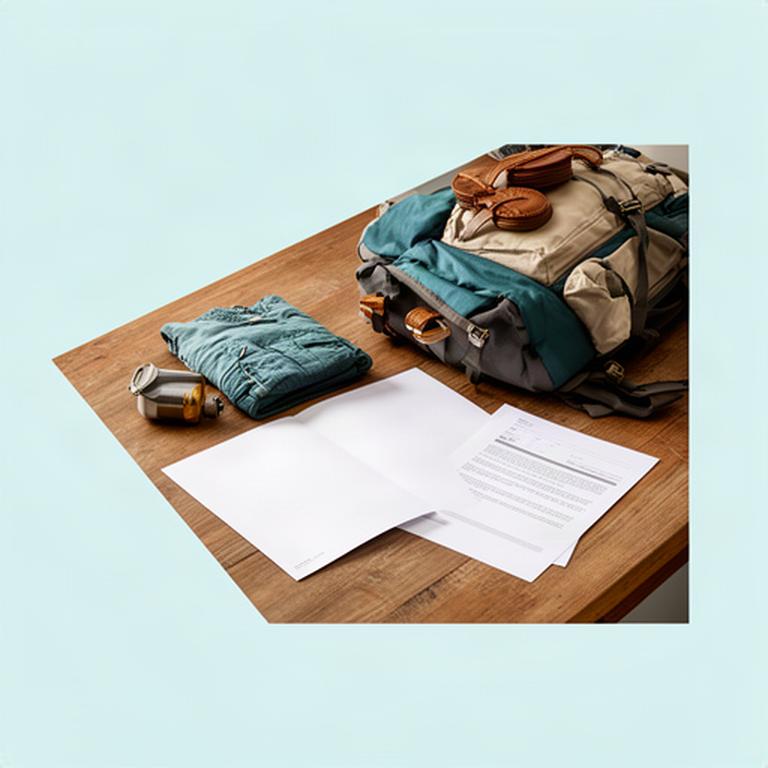 Geöffnete Vertragsunterlagen neben einem sorgfältig gepackten Rucksack auf einem Holztisch