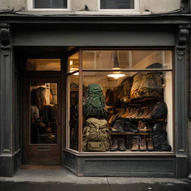 Historisches Outdoor-Fachgeschäft mit Rucksäcken und Bergschuhen im Schaufenster