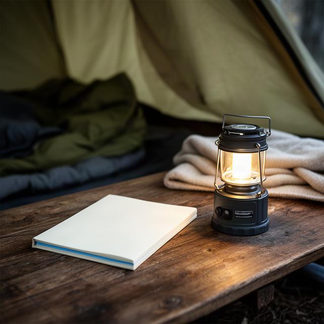 Verschlossenes Notizbuch neben einer Campinglampe auf einem Holztisch im Zelt