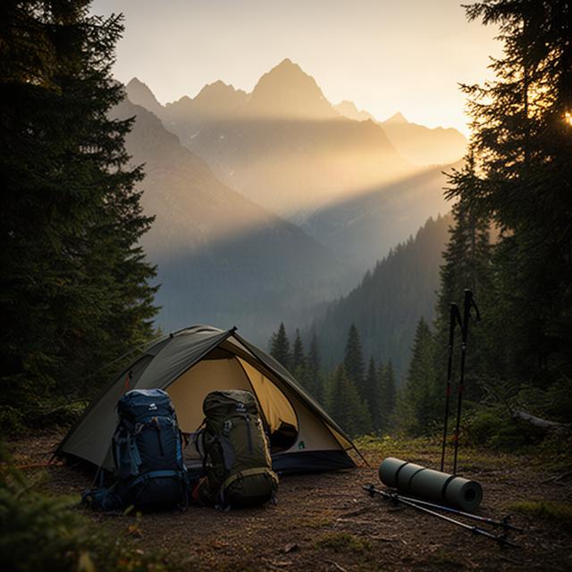 Zeltplatz am Waldrand mit Rucksäcken und Morgenlicht über einer Berglandschaft