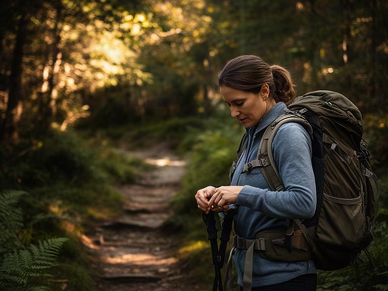 Wanderin prüft ihre Ausrüstung auf einem Waldweg im Jura