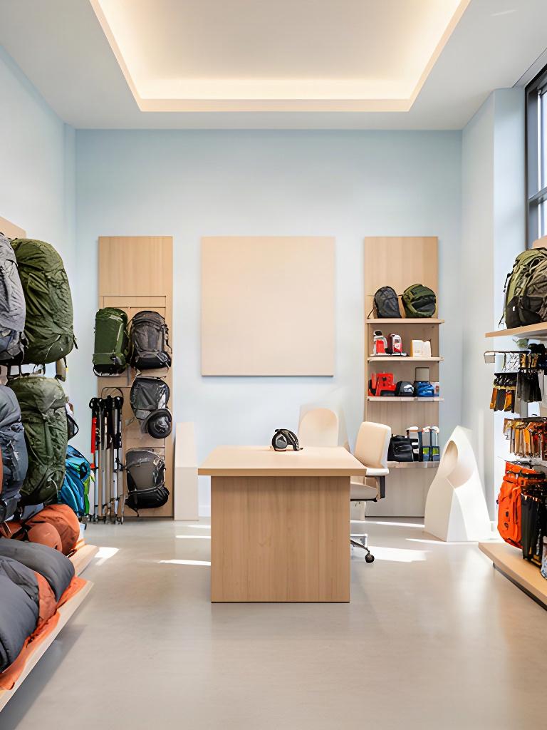 Heller Campingladen in Basel mit Rucksäcken, Zelten und Beratungstisch
