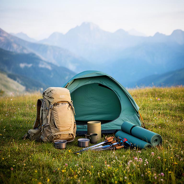Geordnetes Campinglager mit Zelt, Rucksack und Kochgeschirr auf einer alpinen Wiese