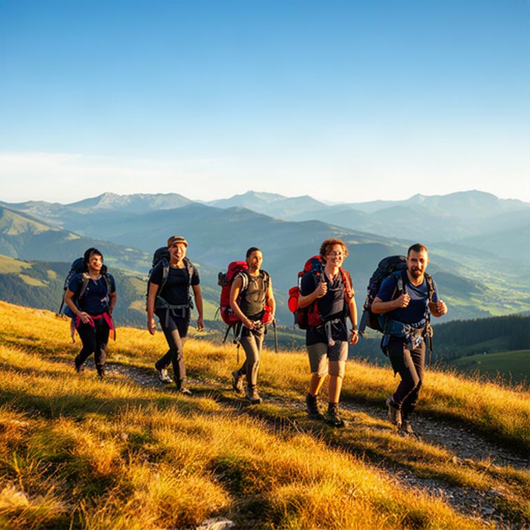 Wandergruppe mit Rucksäcken auf einem sonnigen Höhenweg über den Schweizer Voralpen