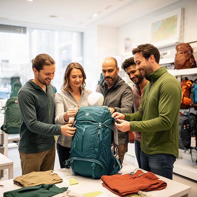 Beratungsteam in einem hellen Outdoor-Laden bei der Prüfung eines Wanderrucksacks