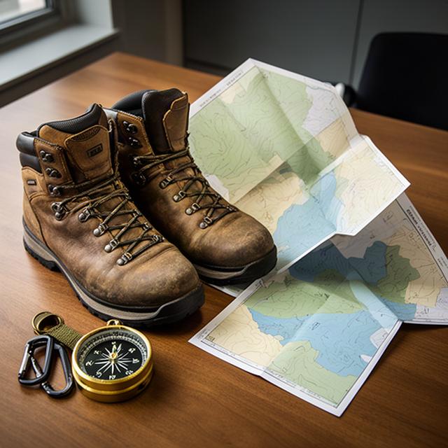 Wanderschuhe, Kompass und gefaltete Karte auf einem Holztisch im Beratungsraum