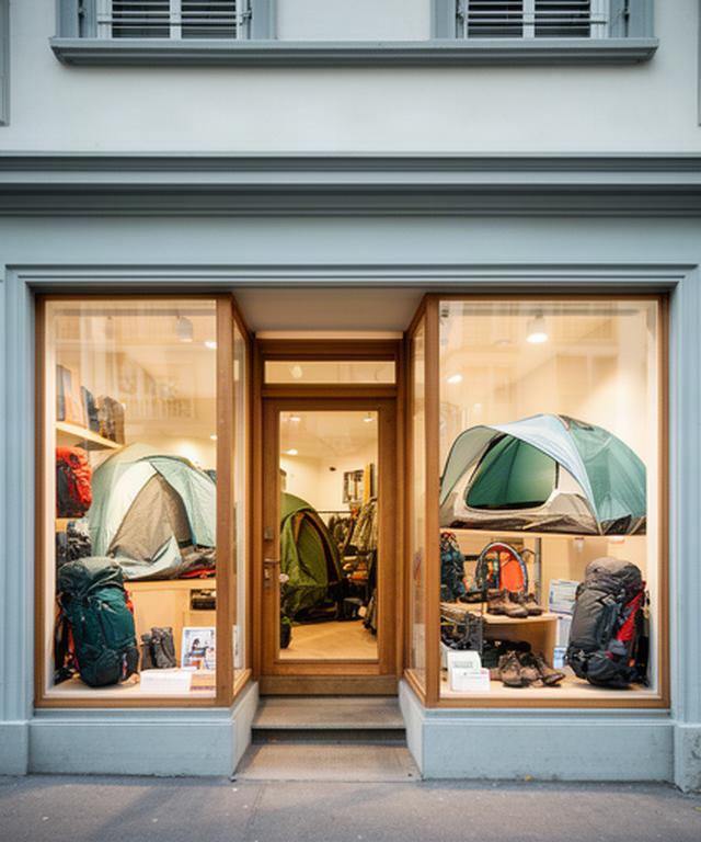 Eingang eines freundlichen Outdoor-Fachgeschäfts an einer Basler Strasse mit Zelten im Fenster