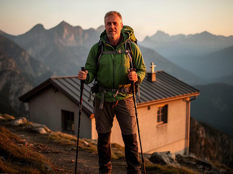 Stammkunde mit Wanderstöcken vor einer Berghütte bei warmem Abendlicht