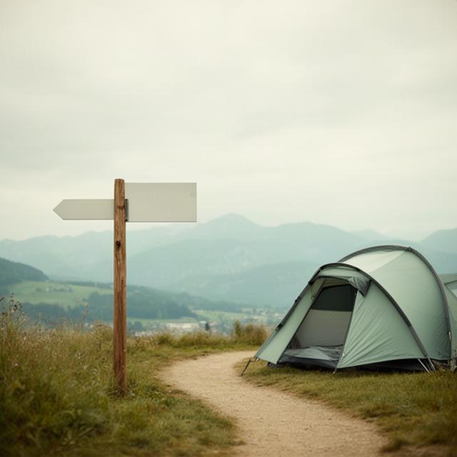 Ruhiger Campingplatz bei Basel mit kleinem Zelt und Wegweiser