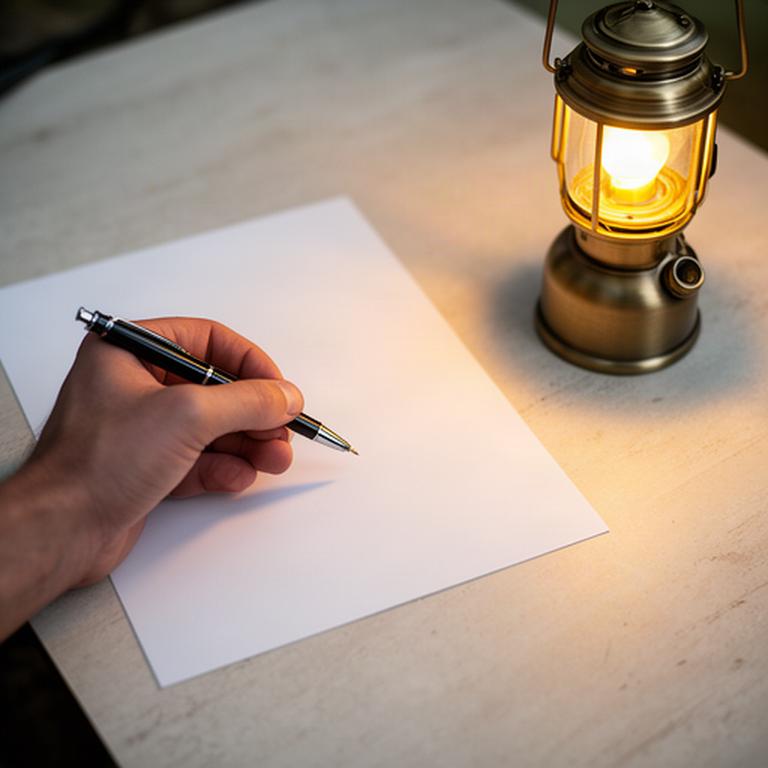 Hand hält einen Stift über einer Bestellbestätigung neben einer kleinen Campinglaterne