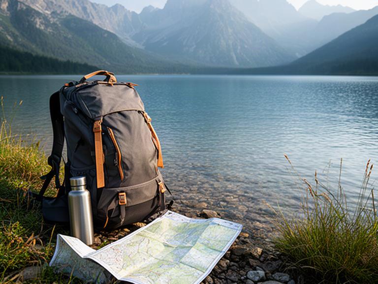 Wanderrucksack mit gefalteter Karte und Trinkflasche an einem alpinen See